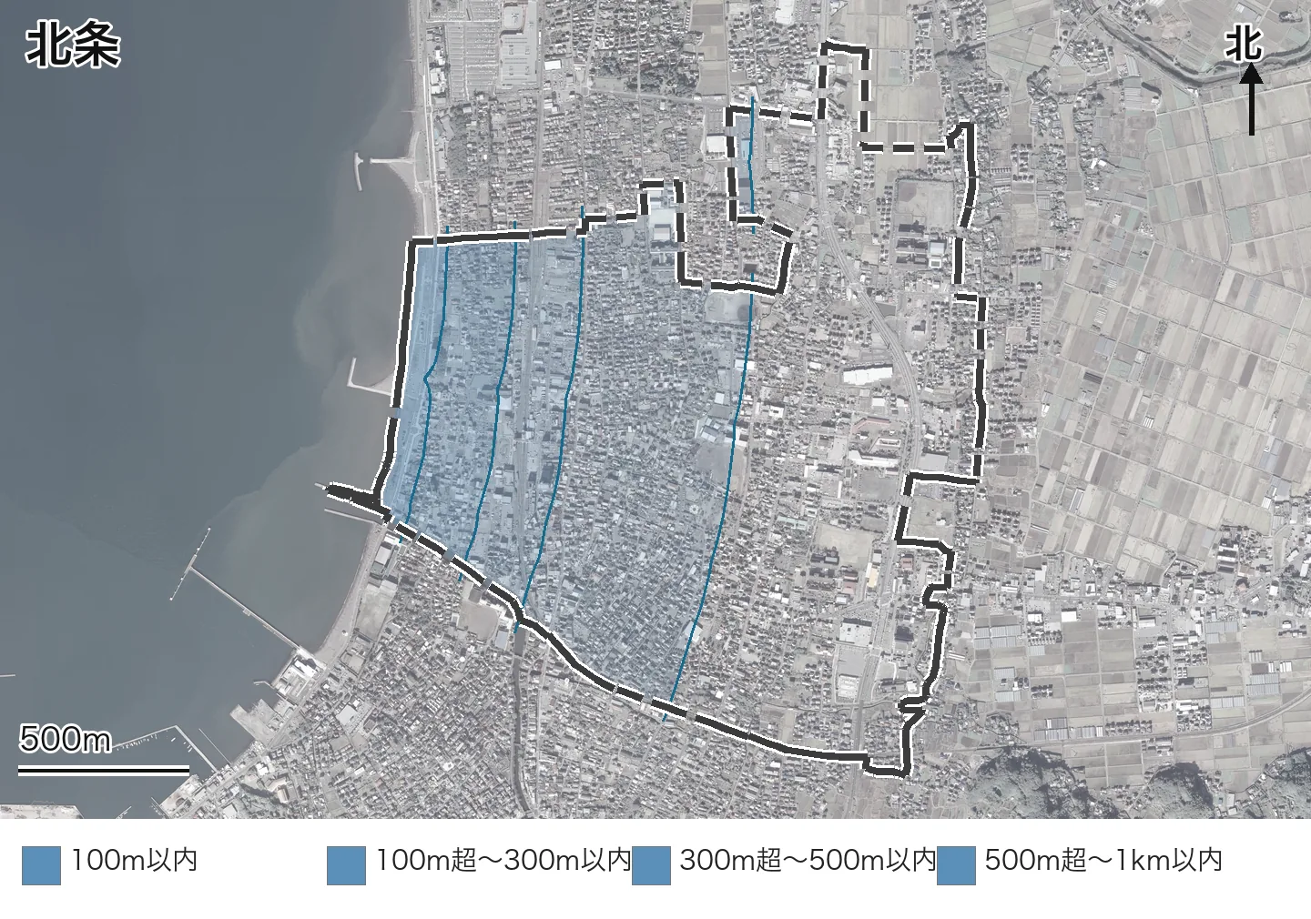 北条の範囲と海からの距離帯