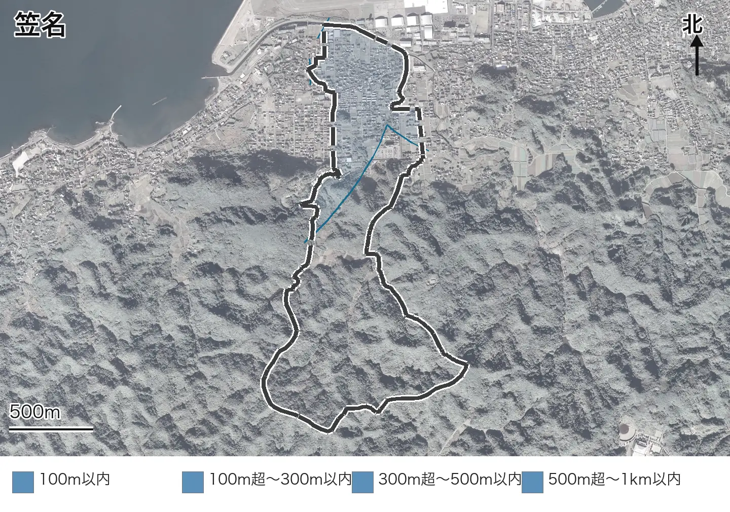 笠名の範囲と海からの距離帯