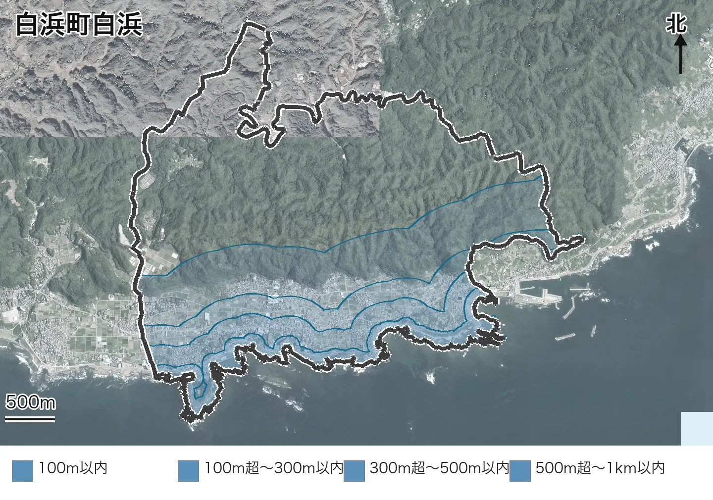 白浜町白浜の範囲と海からの距離帯